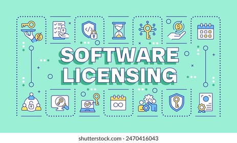 Software licensing cyan word concept. Subscription pricing plan. Open source code. Typography banner. Vector illustration with title text, editable icons color