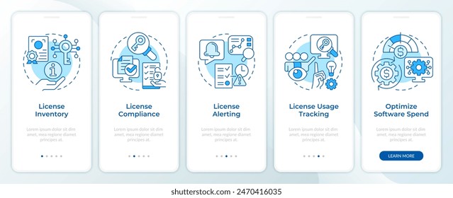 Software licensing features blue onboarding mobile app screen. Walkthrough 5 steps editable graphic instructions with linear concepts. UI, UX, GUI template