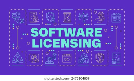 Software licensing purple word concept. Code protection. Public license, pricing plan. Horizontal vector image. Headline text surrounded by editable outline icons. Hubot Sans font used