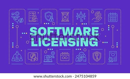 Software licensing purple word concept. Code protection. Public license, pricing plan. Horizontal vector image. Headline text surrounded by editable outline icons. Hubot Sans font used