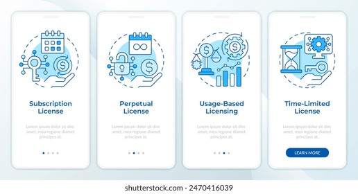 Software licensing types blue onboarding mobile app screen. Walkthrough 4 steps editable graphic instructions with linear concepts. UI, UX, GUI template