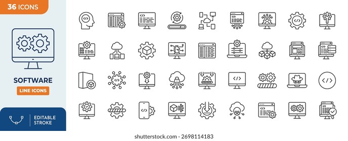 conjunto de ícones editáveis da linha de software. Ilustração vetorial	
