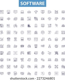 Software line icons, signs set. Software, program, applications, code, executable, software system, patch, install, update outline vector illustrations.