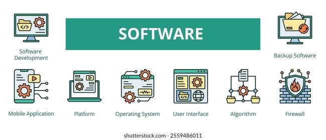 Software Lineal Color Banner Web Icon Set Vector Illustration