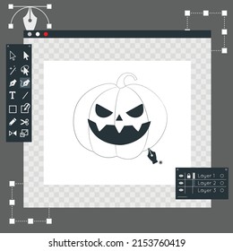 Software loading screen on a computer for editing vector graphics. Pumpkin editing illustration