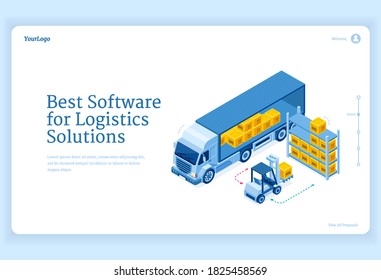 Software for logistics solutions isometric landing page, truck delivery service, forklift loading freight in warehouse. Transportation, shipping distribution, goods export import 3d vector web banner