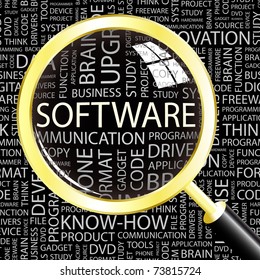 SOFTWARE. Cristal de aumento sobre el fondo con diferentes términos de asociación. Ilustración vectorial.