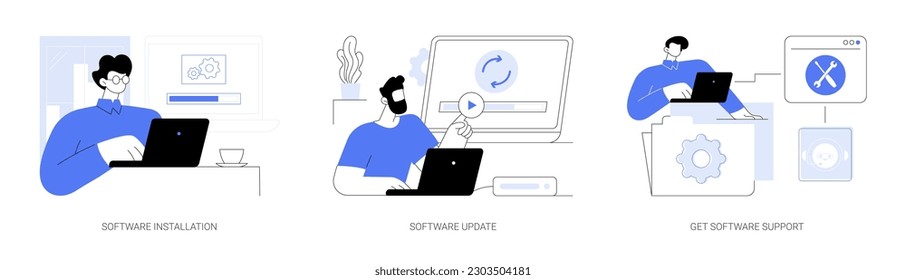 Conjunto de ilustraciones vectoriales de concepto abstracto de mantenimiento de software. Hombre con portátil que instala software profesional, actualiza el proceso, descarga la nueva versión, obtiene el soporte de la metáfora abstracta del desarrollador.