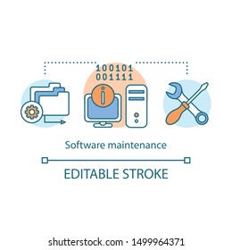Software maintenance concept icon. Fixing program defects, correct faults. Computer repair, operating system installation idea thin line illustration. Vector isolated outline drawing. Editable stroke