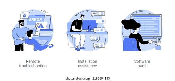 Conjunto de ilustraciones de vectores de dibujos animados aislados de mantenimiento de software. Solución remota de problemas, los trabajadores de TI se ocupan de la corrección de fallos, la asistencia de instalación de programas, la cartografía de vectores de auditoría de aplicaciones.