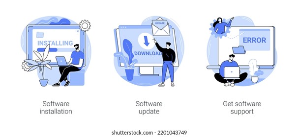 Conjunto de ilustraciones de vectores de dibujos animados aislados de mantenimiento de software. Hombre con portátil instalando software profesional, proceso de actualización, descargar nueva versión, obtener soporte de la caricatura vectorial del desarrollador.