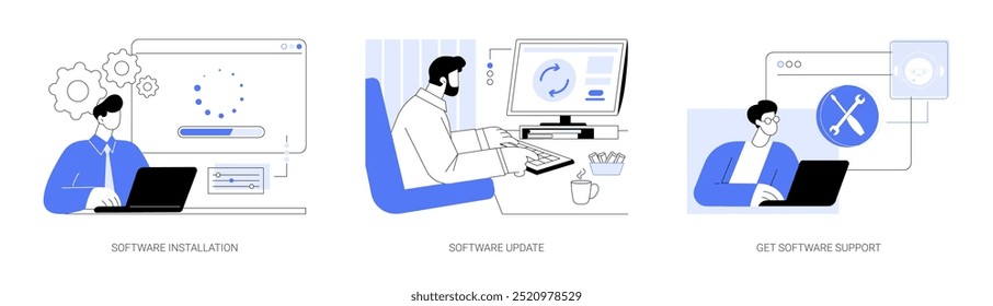 Conjunto de Ilustraciones vectoriales de dibujos animados aislados de mantenimiento de software. Hombre con la computadora portátil que instala el software profesional, el proceso del Actualizar, la Descarga de la nueva versión, obtener la Asistencia de la historieta del Vector del desarrollador.