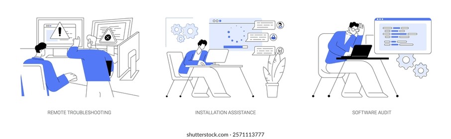 Software maintenance isolated cartoon vector illustrations set. Remote troubleshooting, IT workers deals with bug fixing, program installation assistance, application audit vector cartoon.