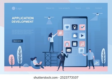 Desarrollo de software o App móvil. Los programadores y los empresarios desarrollan la aplicación, el concepto de trabajo en equipo. Plantilla de página de destino. Personajes masculinos y femeninos en estilo de moda, Ilustración vectorial