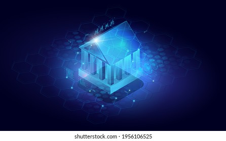 Software and mobile application for finance services. Financial technologies. Internet online banking. Isometric image of virtual bank. Mobile bank conceptual illustration.