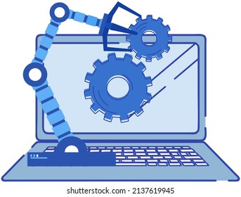 Software for modern device. Computer setup, program for development. Technical support, computer service concept. Maintenance of electronics and equipment. Laptop with settings, repair technology