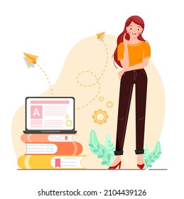 Software for online learning, remote working. Happy girl thinking, standing by big pile of book and laptop on. Modern reading, web courses or tutorials. Education vlog. Flat vector illustration.