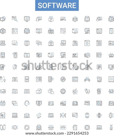 Software outline icons collection. Software, Program, Application, Programing, Code, Software-Development, Operating-System vector illustration set. Solutions, Automation, Platform line signs