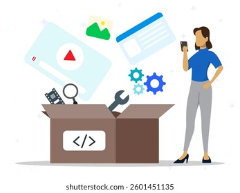 Software package concept. Application service, SAAS technology, decentralized application, cloud computing, software licensing. A woman using smartphone with many media app and tools filling on box. 