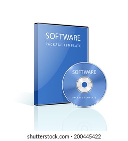 Software package. DVD case and disk with reflections on white background. Vector illustration.