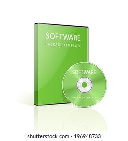 Paquete de software. Estuche y disco de DVD verde sobre fondo blanco. Ilustración vectorial.