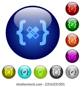 Software patch icons on round glass buttons in multiple colors. Arranged layer structure