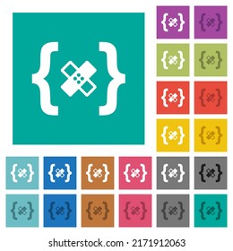 Software patch multi colored flat icons on plain square backgrounds. Included white and darker icon variations for hover or active effects.
