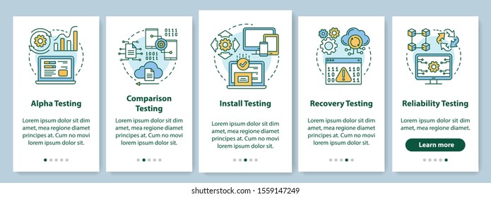 Software performance testing onboarding mobile app page screen with linear concepts. Program quality control walkthrough steps graphic instructions. UX, UI, GUI vector template with illustrations