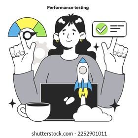 Software performance testing technique. Software testing methodology. IT specialist searching for bugs in code. Website and application development. Flat vector illustration