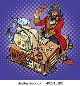 Software piracy. Pop art retro captain at old computer