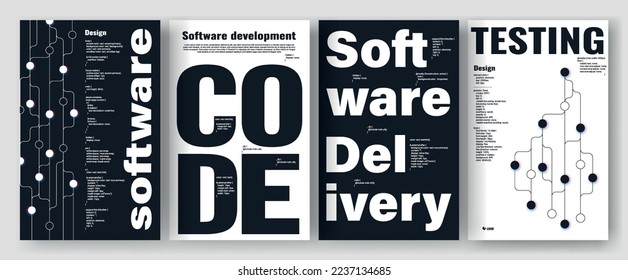 Software posters set. Collection of graphic elements for website. Development of programs and applications. Sceme and structure. Cartoon flat vector illustrations isolated on grey background