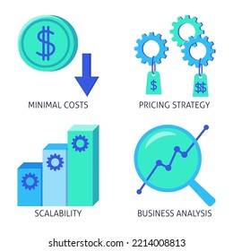 Software pricing strategy flat icon set. Price options, scalability and analysis symbols. Vector illustration.