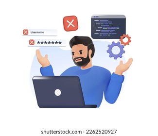 Problemas de software aislaron ilustraciones de vectores de dibujos animados realistas 3D. Angry man tiene problemas con el software de computadora, la tecnología de TI, el mantenimiento de hardware, el soporte necesario, el error del sistema cartografía vectorial 3D