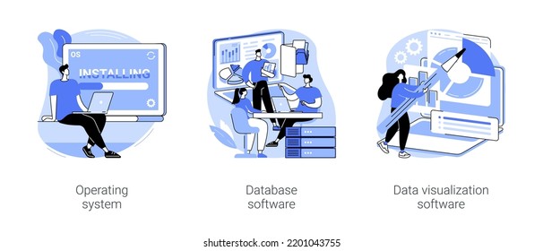 Productos de software aislados ilustraciones vectoriales de dibujos animados conjunto. Instalación y actualización del sistema operativo, trabajando con base de datos utilizando software profesional, herramienta de visualización de datos cartoon vectorial.