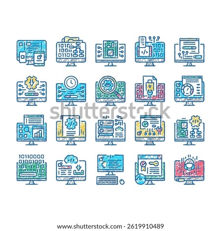 Software Program Development doodle icons set vector. Freeware Download Upload For Sharing, Programming Code Script, Hacked License Software Line. Firmware sketch hand drawn