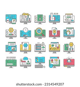 Software Program Development Icons Set Vector. Freeware Download And Upload For Sharing, Programming Code And Script, Hacked And License Software Line. Firmware Color Illustrations