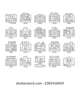 Software Program Development Icons Set Vector. Freeware Download And Upload For Sharing, Programming Code And Script, Hacked And License Software Black Contour Illustrations