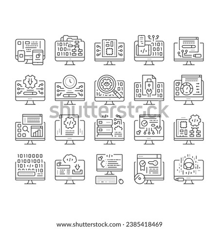 Software Program Development Icons Set Vector. Freeware Download And Upload For Sharing, Programming Code And Script, Hacked And License Software Black Contour Illustrations