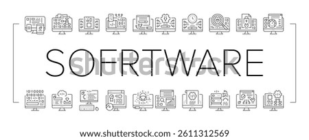 Software Program Development Icons Set Vector. Freeware Download And Upload For Sharing, Programming Code And Script, Hacked And License Software Black Contour Illustrations