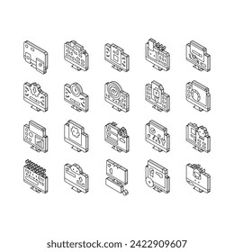 Juego de iconos isométricos de desarrollo de programas de software. Descarga Y Carga Gratuita Para Compartir, Programar Código Y Script, Hackear Y Licencia De Línea De Software. Color del firmware .