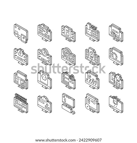 Software Program Development isometric icons set. Freeware Download And Upload For Sharing, Programming Code And Script, Hacked And License Software Line. Firmware Color .