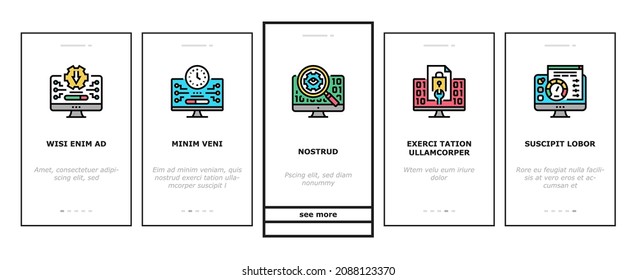 Software Program Development Onboarding Mobile App Page Screen Vector. Freeware Download And Upload For Sharing, Programming Code And Script, Hacked And License Software. Firmware Illustrations