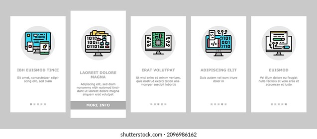 Software Program Development Onboarding Mobile App Page Screen Vector. Freeware Download And Upload For Sharing, Programming Code And Script, Hacked And License Software. Firmware Illustrations