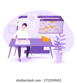 Software programmer typing code or debugging. Sitting at the desk, working on multiple displays. Top view flat vector illustration.
