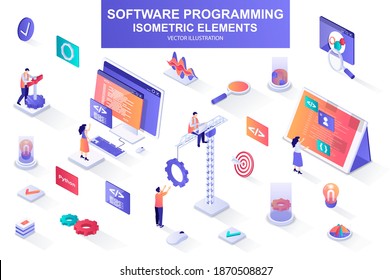 Software programming bundle of isometric elements. Program languages, developer, software engineering, back end development isolated icons. Isometric vector illustration kit with people characters.