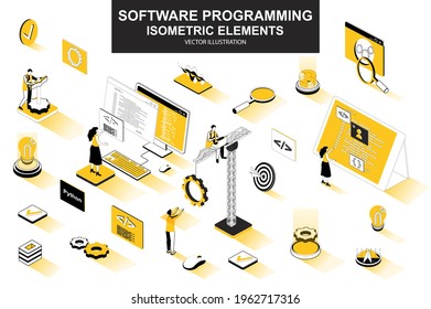 Software programming bundle of isometric elements. Program languages, developer, software engineering, back end development isolated icons. Isometric vector illustration kit with people characters.