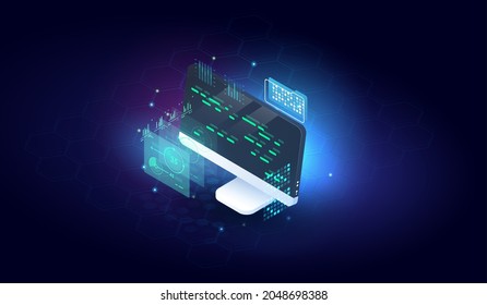 software programming coding concept. Program or web developer coding on computer. Screen with code, script and open windows.
