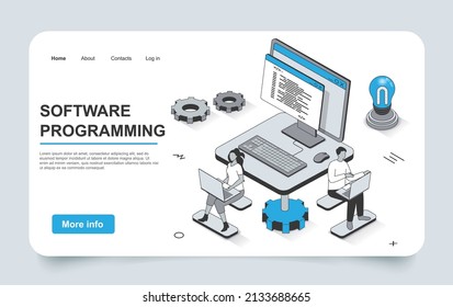 Software programming concept in 3d isometric landing page outline design. Development team programs, tests and optimizes computer programs, works in office, line web template. Vector illustration.