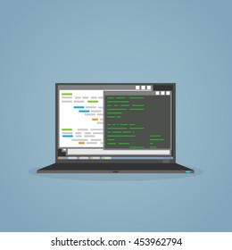 Software programming and development on notebook screen monitor. Programmer laptop with software application for codding.