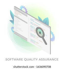 Software Quality Assurance (SQA) isometric vector icon. Software inspection and analysis with bug fixing. Programmer code window with a found bug under a magnifying glass isolated on white background